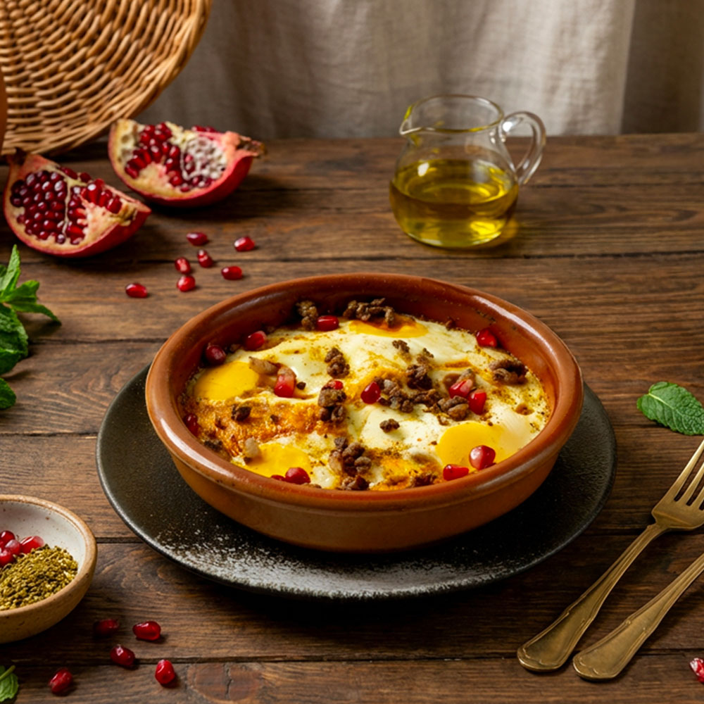 Eggs with meat in a clay pot